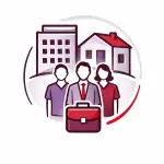 Organisations and workplaces icon showing office buildings and team members representing workplace resuscitation and first aid training