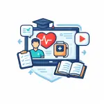 Illustration of e-learning life support training showing online course screen with heart ECG, AED device and digital learning elements