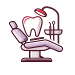 Dental practice icon showing a dental chair, tooth, and dental instruments representing dental clinics and dental teams.