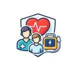 Illustration of intermediate life support and paediatric life support training showing heart ECG, AED device, and adult and child figures